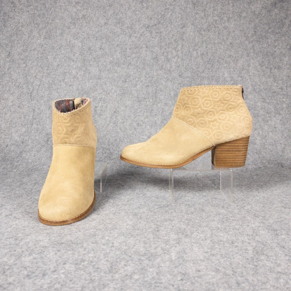 Toms Leila Ankle Booties Tan Block Heels Cottage Lagenlook Preppy Women's Size 7